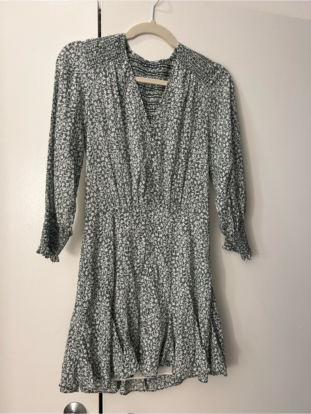 Floral Smocked V-Neck Midi Dress in Green and White